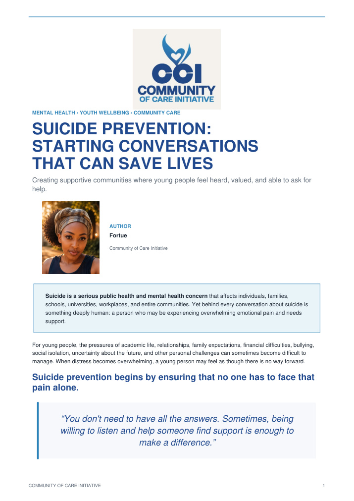 Suicide Prevention: Starting Conversations That Can Save Lives cover
